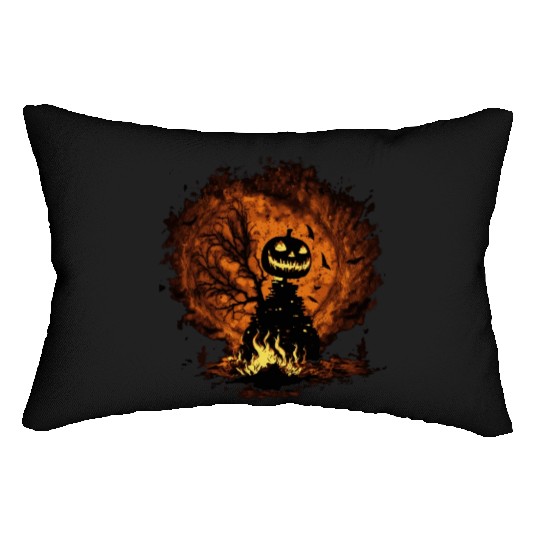 Spooky halloween pumpkin on fire Lumbar Pillows