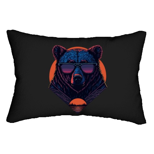 Synthwave Bear with sunset Lumbar Pillows