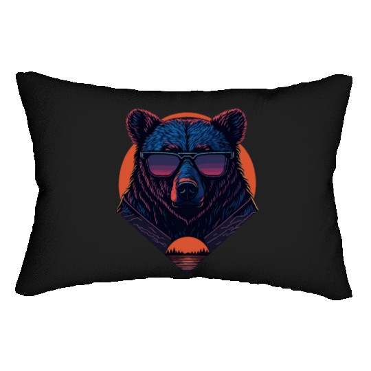 Synthwave Bear with sunset Lumbar Pillows