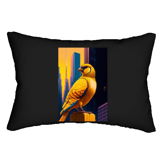 Photo of of a huge gold finch bird in a fusion cit Lumbar Pillows