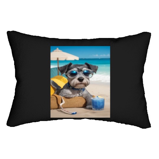 Schnauzer Chilling at the Beach with a Drink Lumbar Pillows