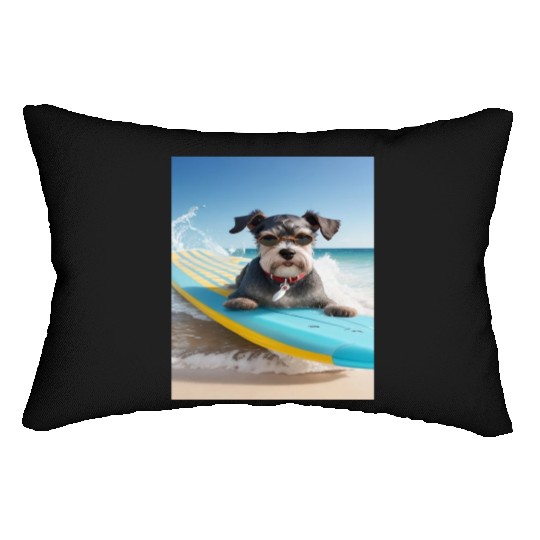 Schnauzer Surfing at Beach On A Surfboard Lumbar Pillows