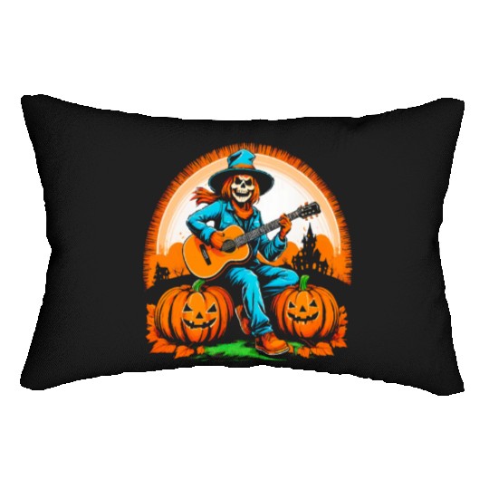 Happy Halloween scarecrow plays guitar Lumbar Pillows