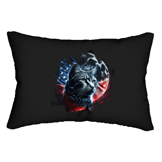 America cat under Moon with American Flag Lumbar Pillows