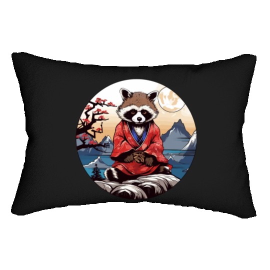 tanuki raccoon dog in kimono in anime style Lumbar Pillows