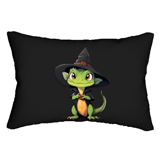 Cute Halloween lizard with a witch hat. Lumbar Pillows