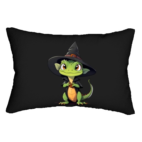 Cute Halloween lizard with a witch hat. Lumbar Pillows