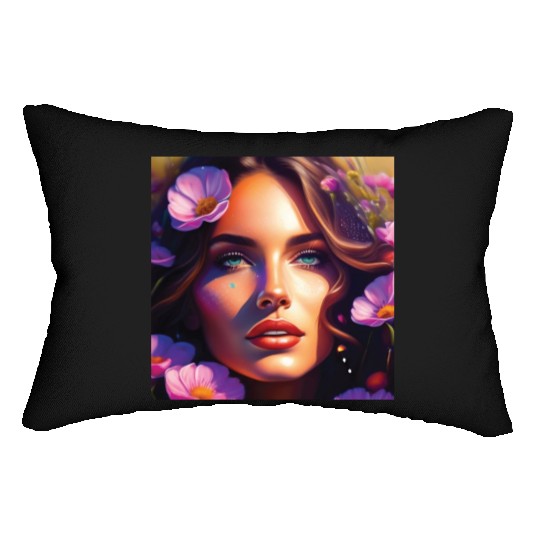 beautiful female with pink flowers Lumbar Pillows