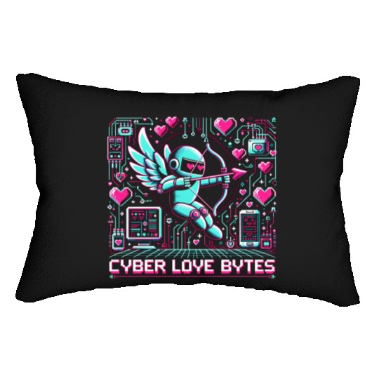 Cyber Love Bytes 8bit Cupid Robot and Neon Hearts Lumbar Pillows