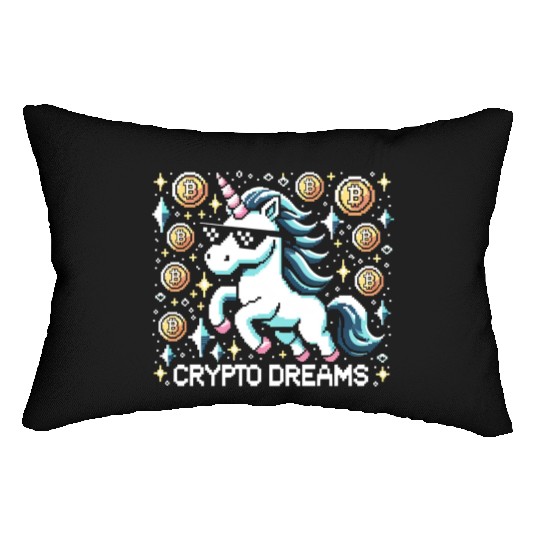 Crypto Dreams - 8-bit Unicorn Amidst Digital Coins Lumbar Pillows