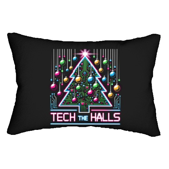 Tech the Halls - Christmas Tree in 8-bit Neon Lumbar Pillows
