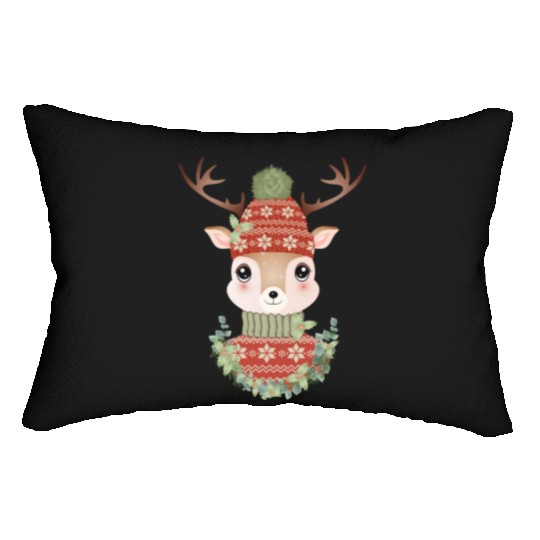cute deer with sweater and Christmas wreath Lumbar Pillows