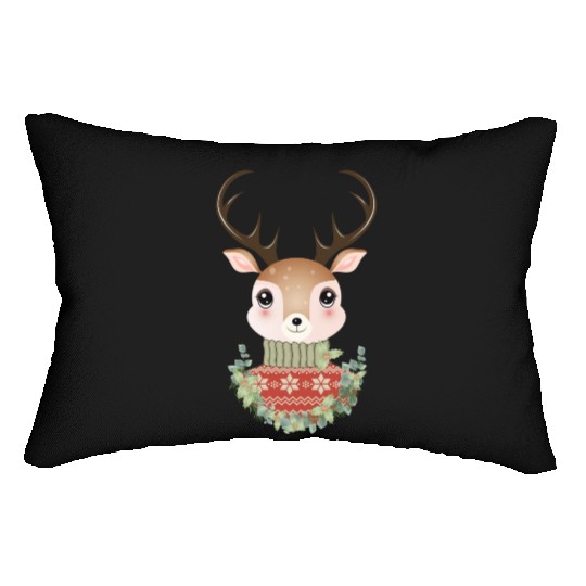 cute deer with sweater and Christmas wreath Lumbar Pillows