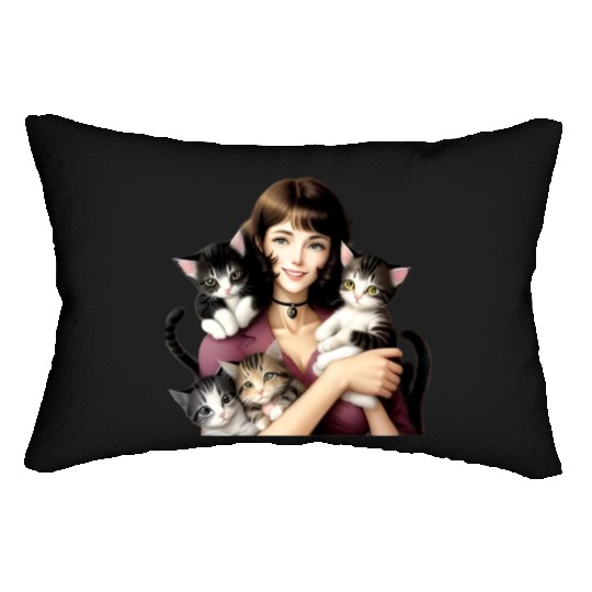 Pretty Cat Lady with Cute Kittens Lumbar Pillows