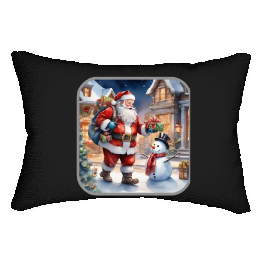 Santa Claus and a snowman distributes gifts. Lumbar Pillows