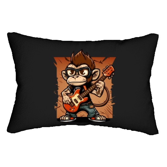 Monkey Chimpanzee Playing Acousitc Rock Guitar Lumbar Pillows