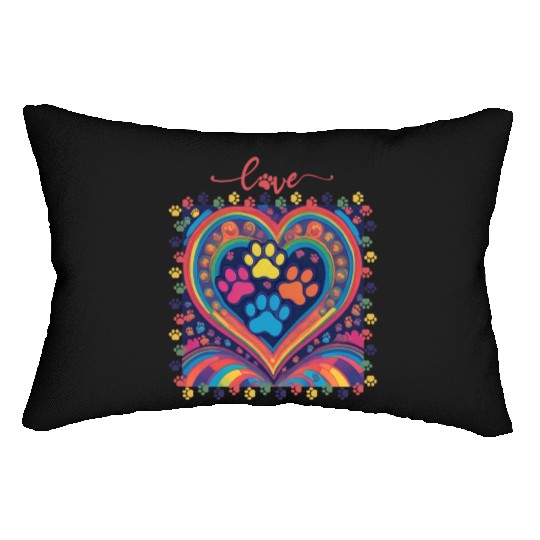 Rainbow Heart Love paw prints Lumbar Pillows