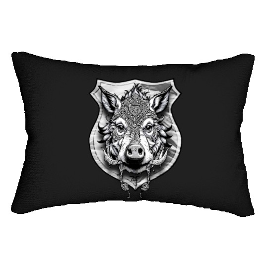 shield with wild boar head - DIGITAL - grayscale Lumbar Pillows