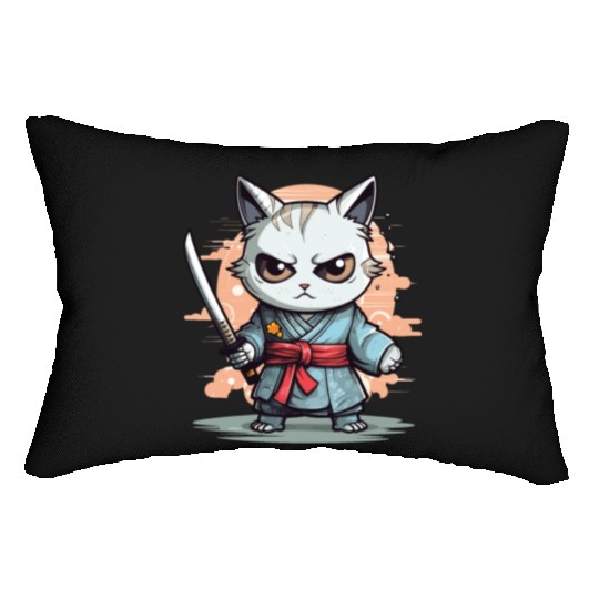 Cute Samurai Cat Kawaii Japanese Ronin Aesthetic A Lumbar Pillows