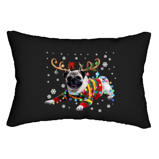 Funny Pug Dog Christmas Reindeer Christmas Lights Lumbar Pillows