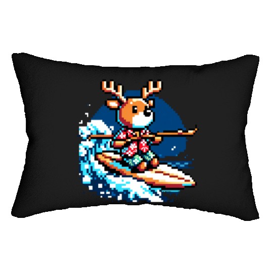 Surfing Reindeer: 8-Bit Holiday Wave Lumbar Pillows