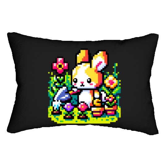 8-Bit Bunny Gardener: Retro Digital Garden Scene Lumbar Pillows