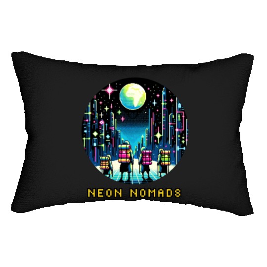 Cyberpunk Explorers - Neon Nomads Pixel Art Lumbar Pillows