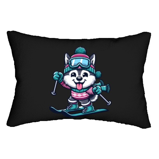 Husky on Skis - Funny Comic Winter Sports Lumbar Pillows