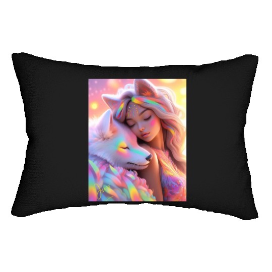 Rainbow Friends - White Wolf and Girl Lumbar Pillows