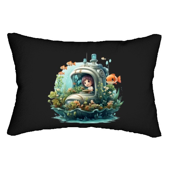 A delightful kawaii book submarine exploring Lumbar Pillows