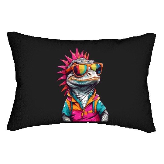 Funny colorful lizard with sunglasses Lumbar Pillows