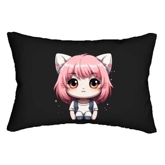 kawaii cat face with cat head Lumbar Pillows