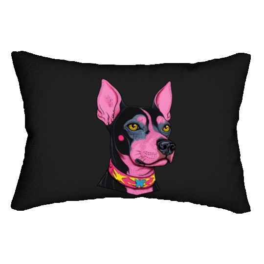 black and pink dog with yellow eyes Punk Rock Lumbar Pillows