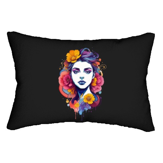 Stylish, bright art. Girl with flowers in her hair Lumbar Pillows