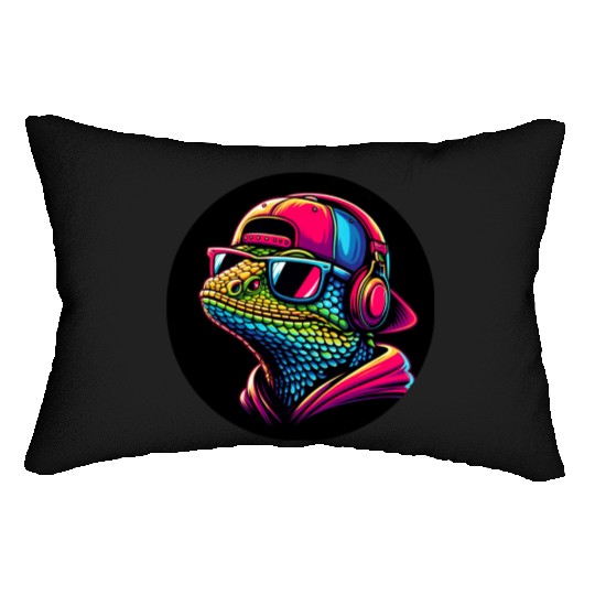 Cool gecko lizard with dj headphones Lumbar Pillows