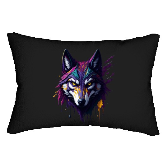 Wolf with paint splatters on it's face Lumbar Pillows