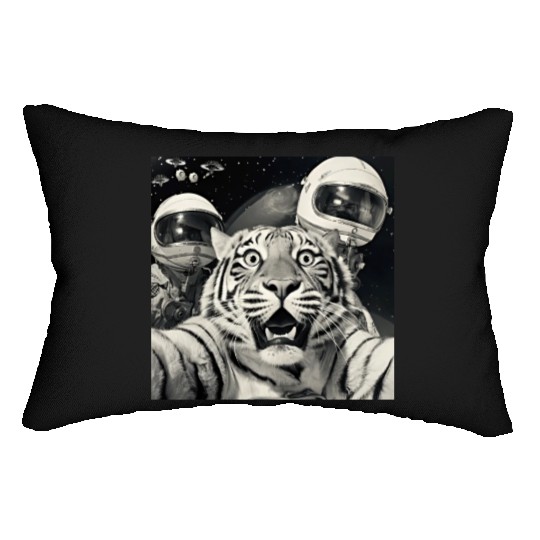 Funny Graphic Lumbar Pillows Tiger Selfie with Alien UFOs