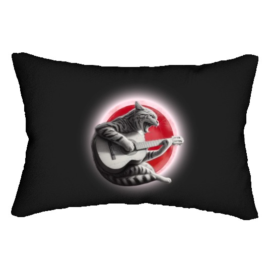 Rock Cat Playing Guitar Lumbar Pillows under the red moon