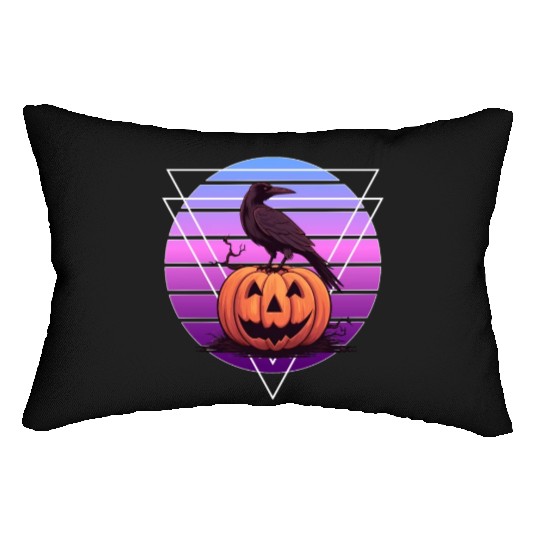 Raven Crow On Pumpkin Vaporwave Halloween Pagan Ae Lumbar Pillows