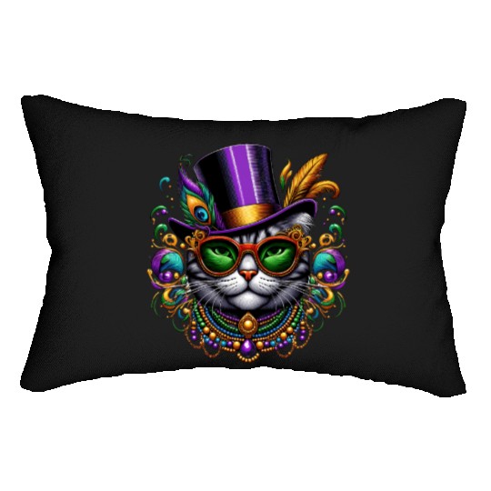 Mardi Gras cat with hat and glasses Lumbar Pillows
