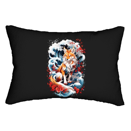 Fantasy Japanese Kitsune Fox with Flowers and Wave Lumbar Pillows