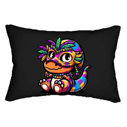 Mardi Gras Dino T-Rex: Carnival Mask and Beads Lumbar Pillows