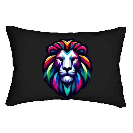 Vibrant Spectrum Lion - Abstract Wildlife Majesty Lumbar Pillows