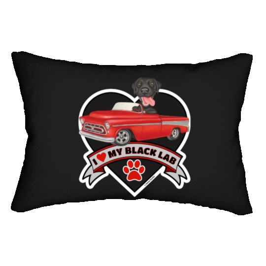 Cute black lab in classic truck inside a heart Lumbar Pillows