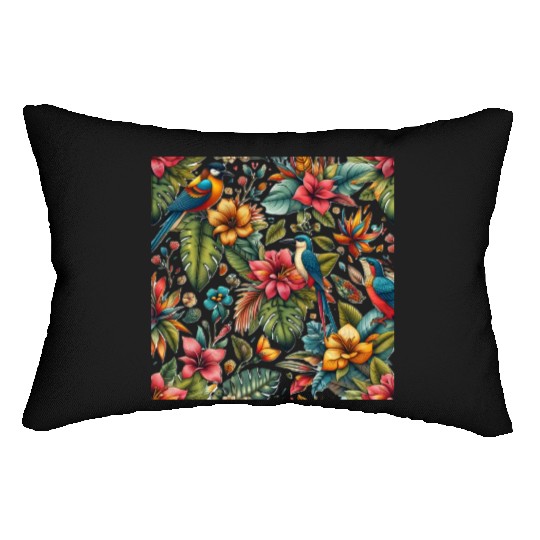 Tropical Flowers and Birds. Wild Plants Lumbar Pillows