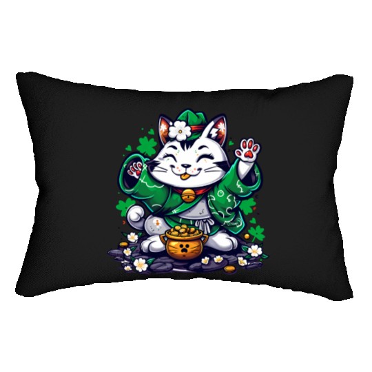 Kawaii St Patricks Day Cat With a Pot Of Gold Lumbar Pillows
