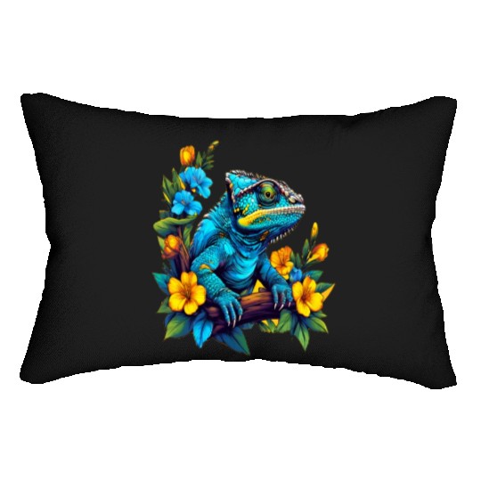 Chameleon Sitting on Branch Surrounded by Flowers Lumbar Pillows