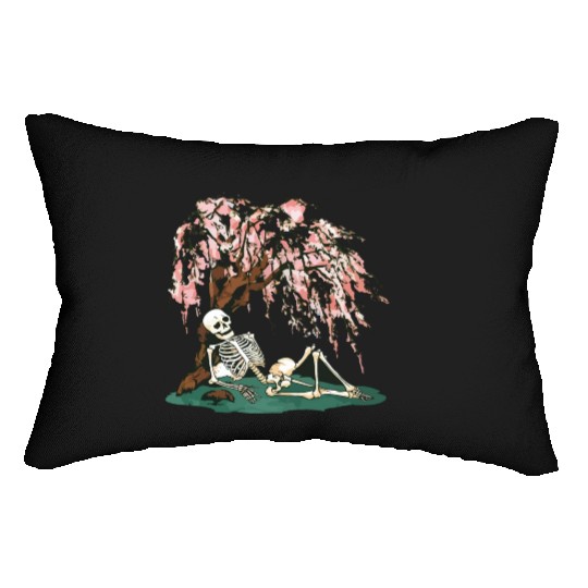 Skeleton in Repose Under a Cherry Blossom Tree Lumbar Pillows