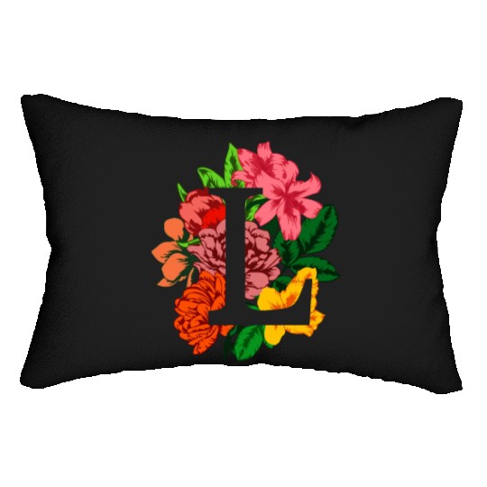 Capital letter L monogram with peony, lily flowers Lumbar Pillows