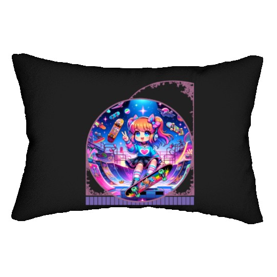 Kawaii Anime Girl's Retro Skateboard Jam Neon Lumbar Pillows